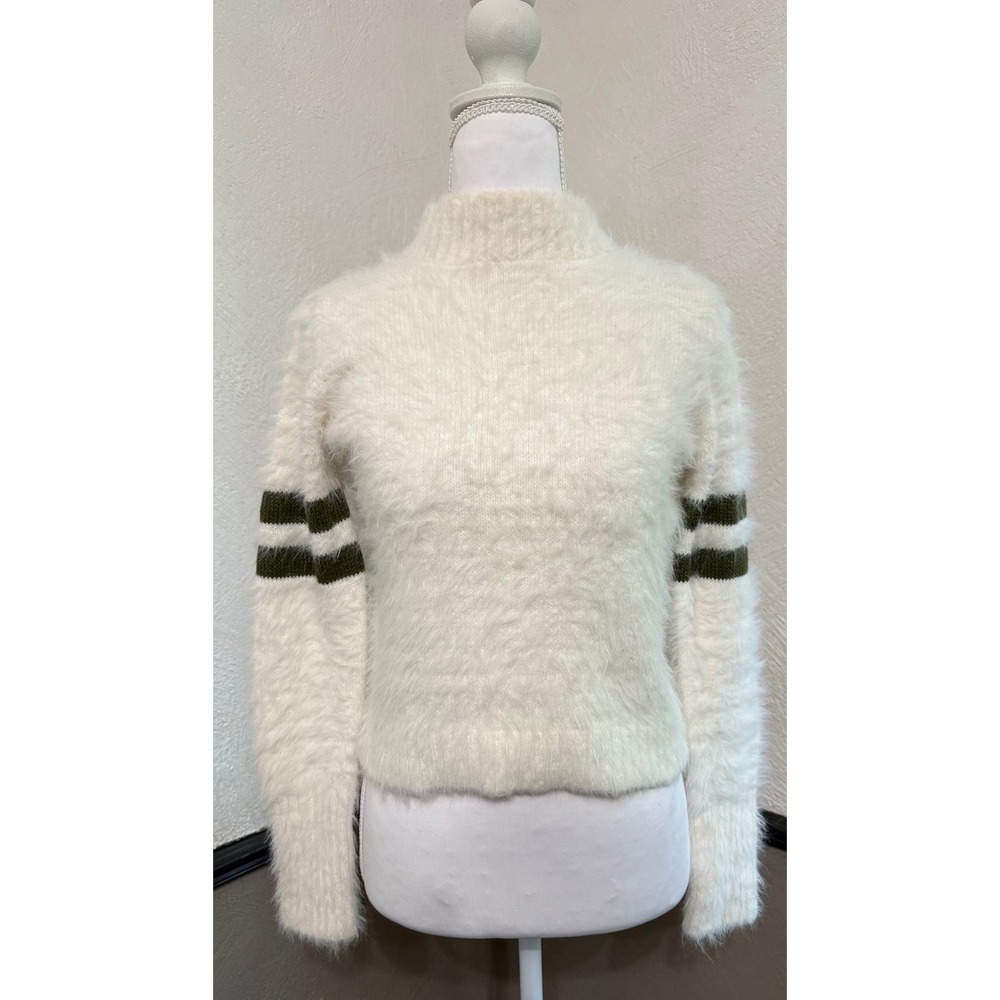 Copper Key Women Cream Fuzzy Eyelash Knit Mock Neck Sweater Olive Stripe XS